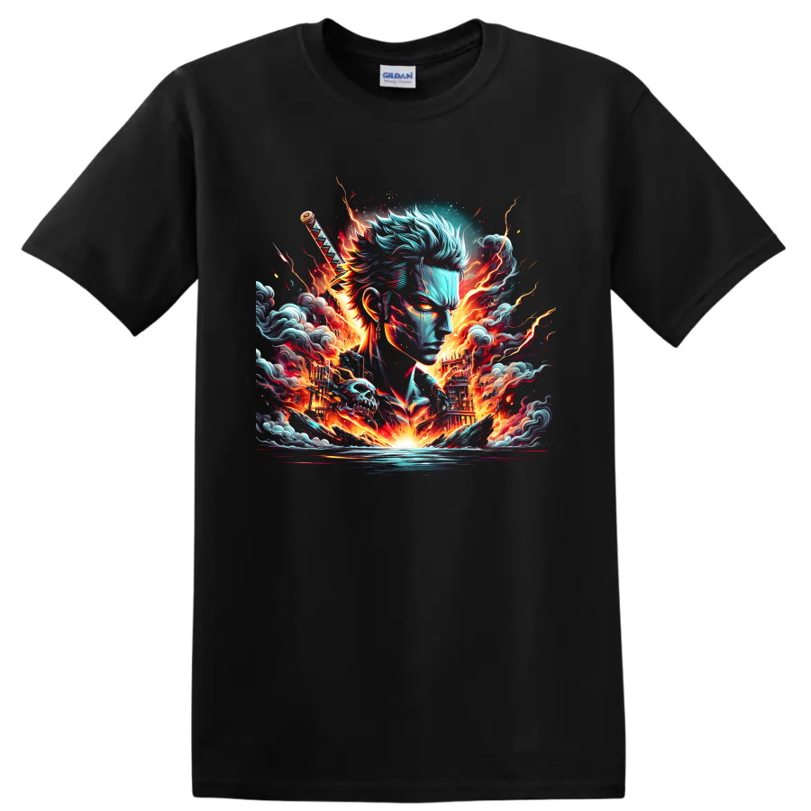 Roronoa Zoro anime swordsman portrait with katana, flames, waves, and lightning on a Black T Shirt