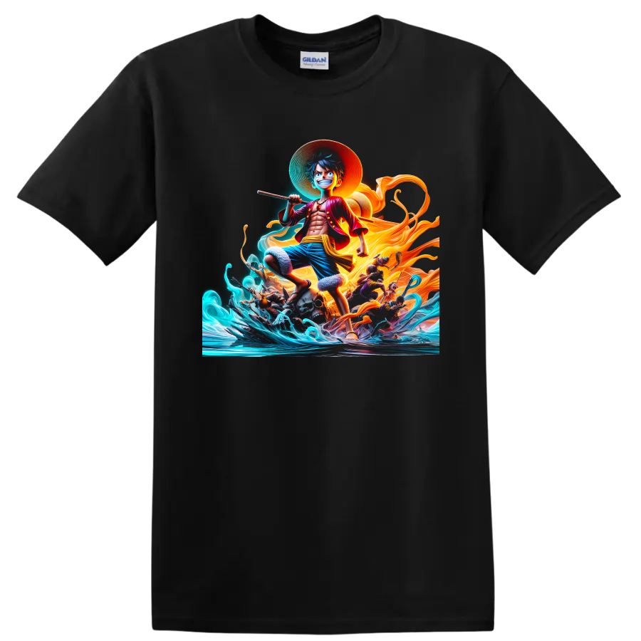 Monkey D. Luffy One Piece anime art with ocean waves and swirling golden energy on a Black T Shirt