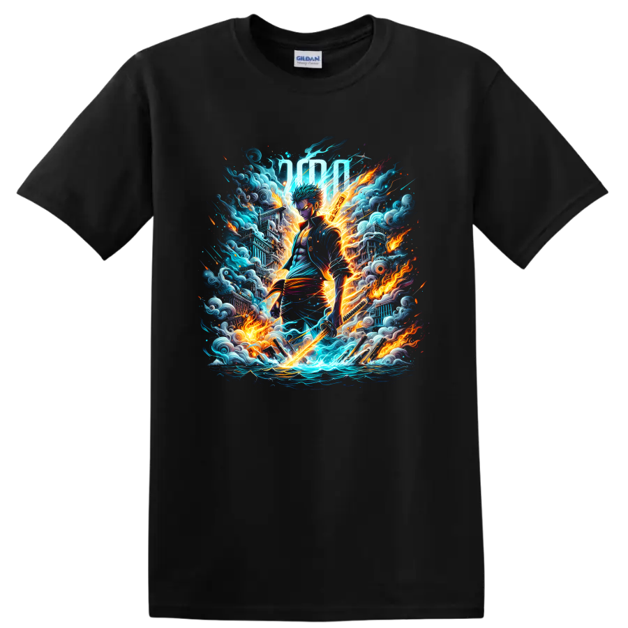 Roronoa Zoro three-sword anime warrior with fiery waves and electric action art on a Black T Shirt