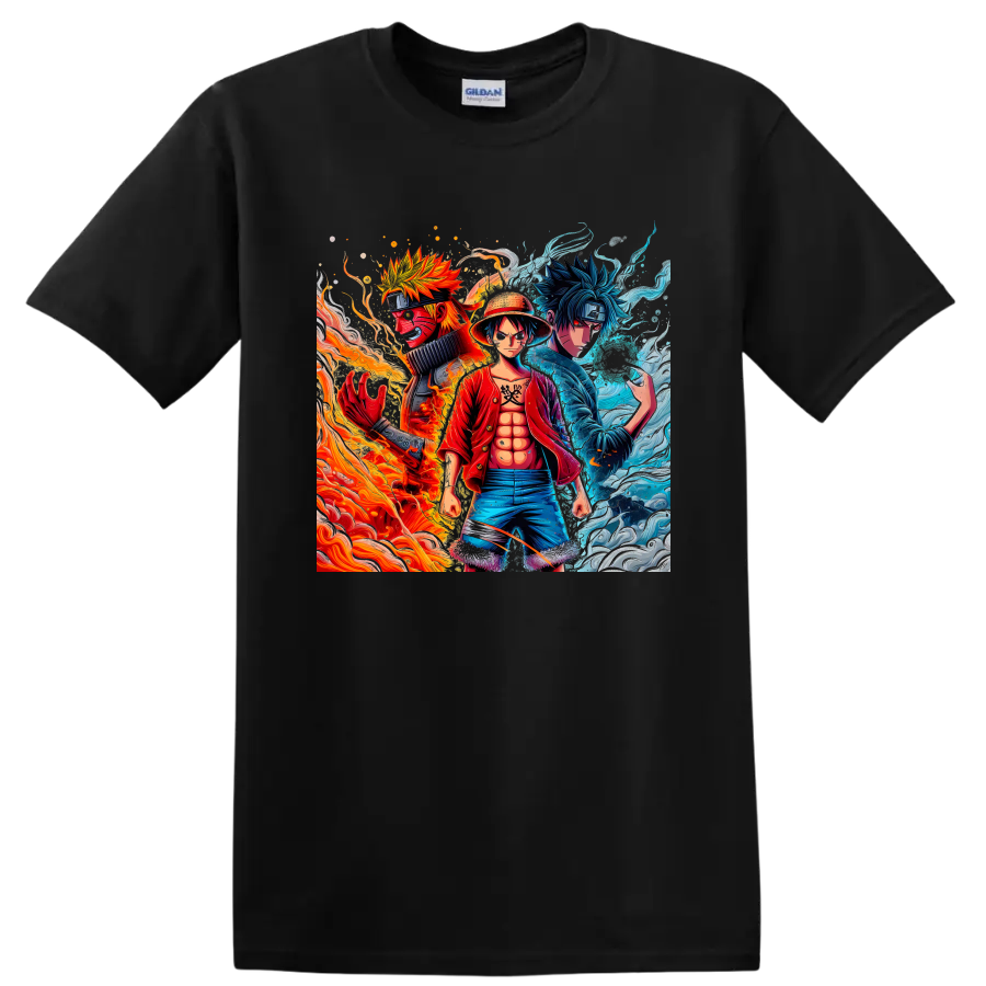 Naruto, Luffy, and Sasuke anime character art with fiery and icy energy on a Black T Shirt