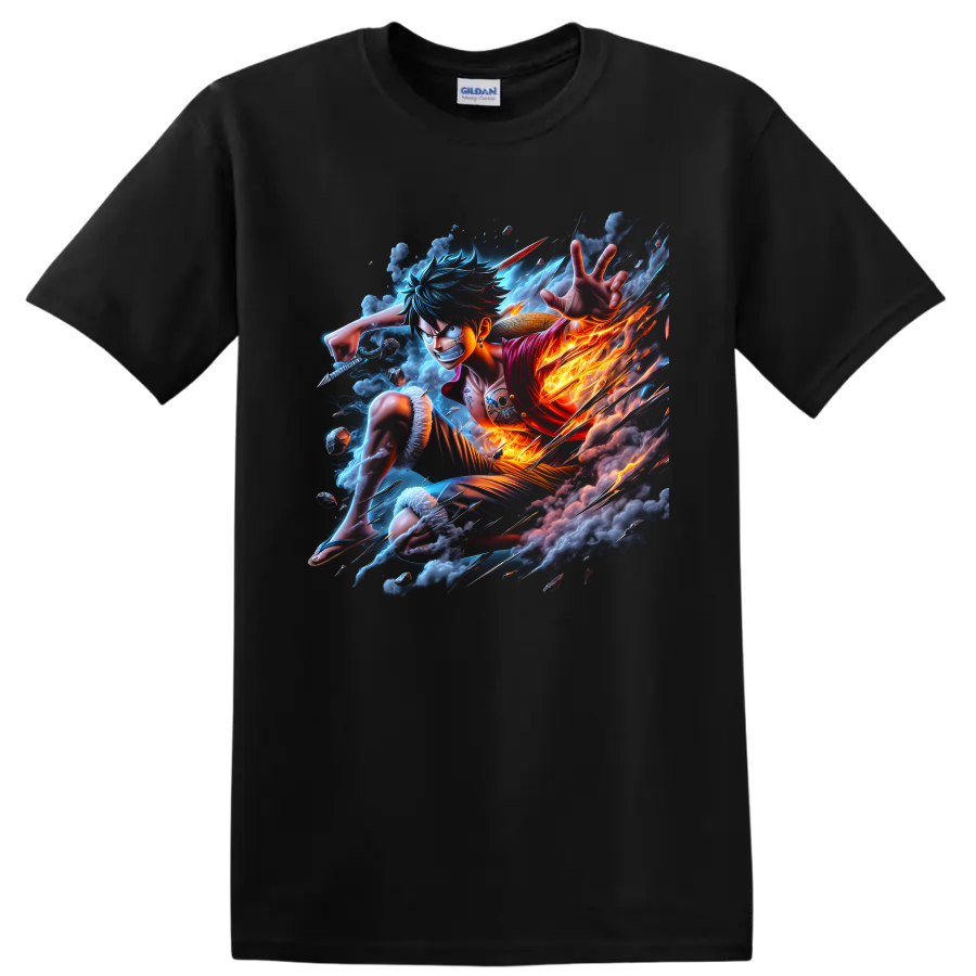 Monkey D. Luffy in fiery anime action with storm clouds and straw hat on a Black T Shirt