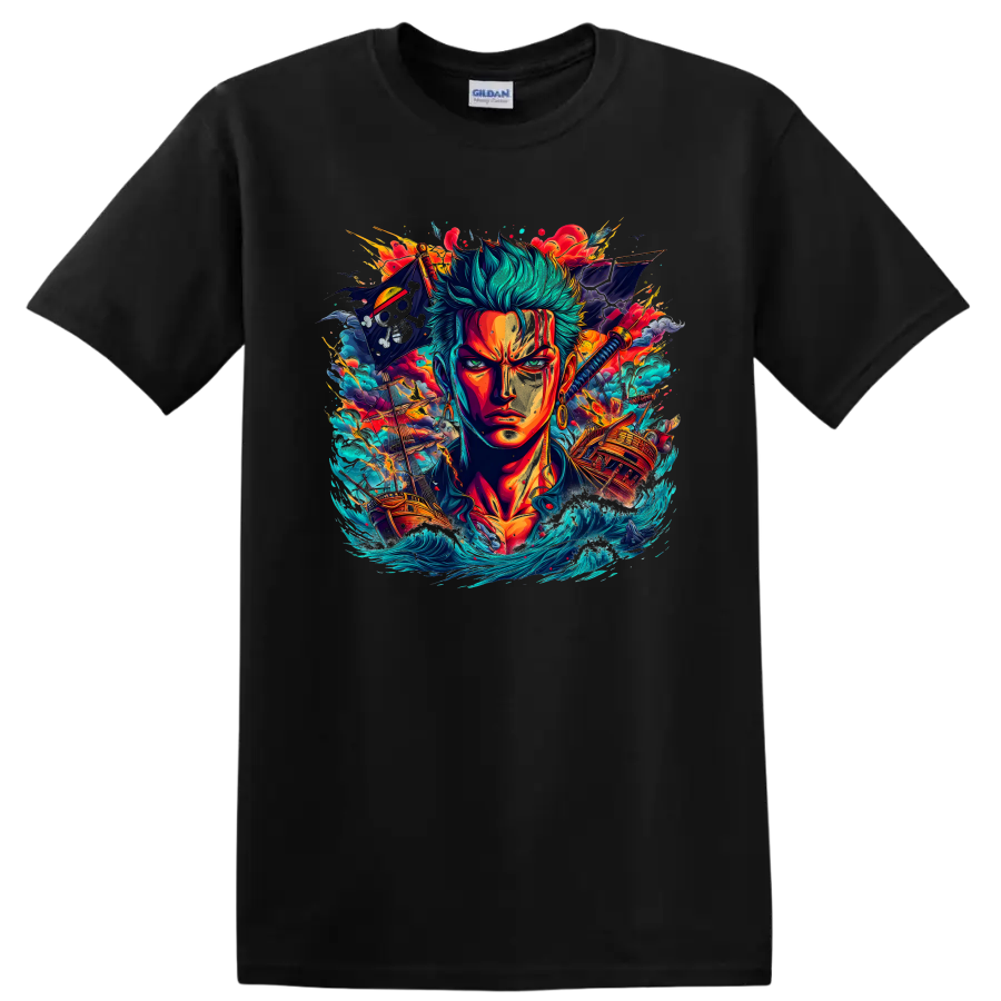 Roronoa Zoro anime portrait with pirate ships, katana, waves, and fiery battle effects on a Black T Shirt