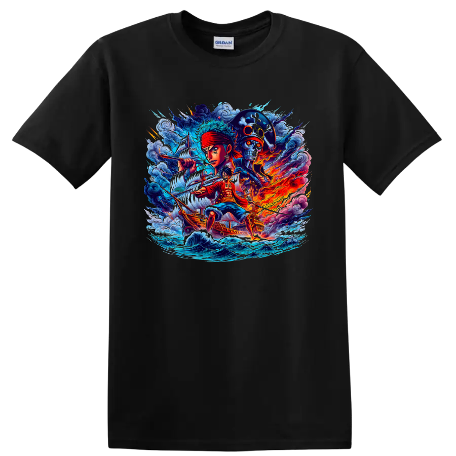 Monkey D. Luffy and Roronoa Zoro One Piece pirate adventure graphic on a Black T Shirt
