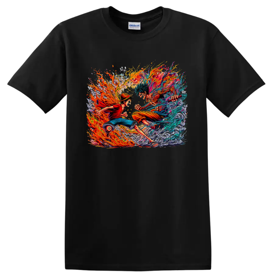 Monkey D. Luffy and Roronoa Zoro in explosive fire and water anime battle art on a Black T Shirt