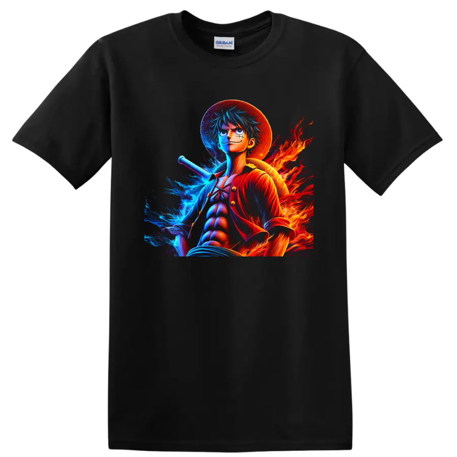 Monkey D. Luffy anime warrior graphic with straw hat, blue water energy, and flames on a Black T Shirt