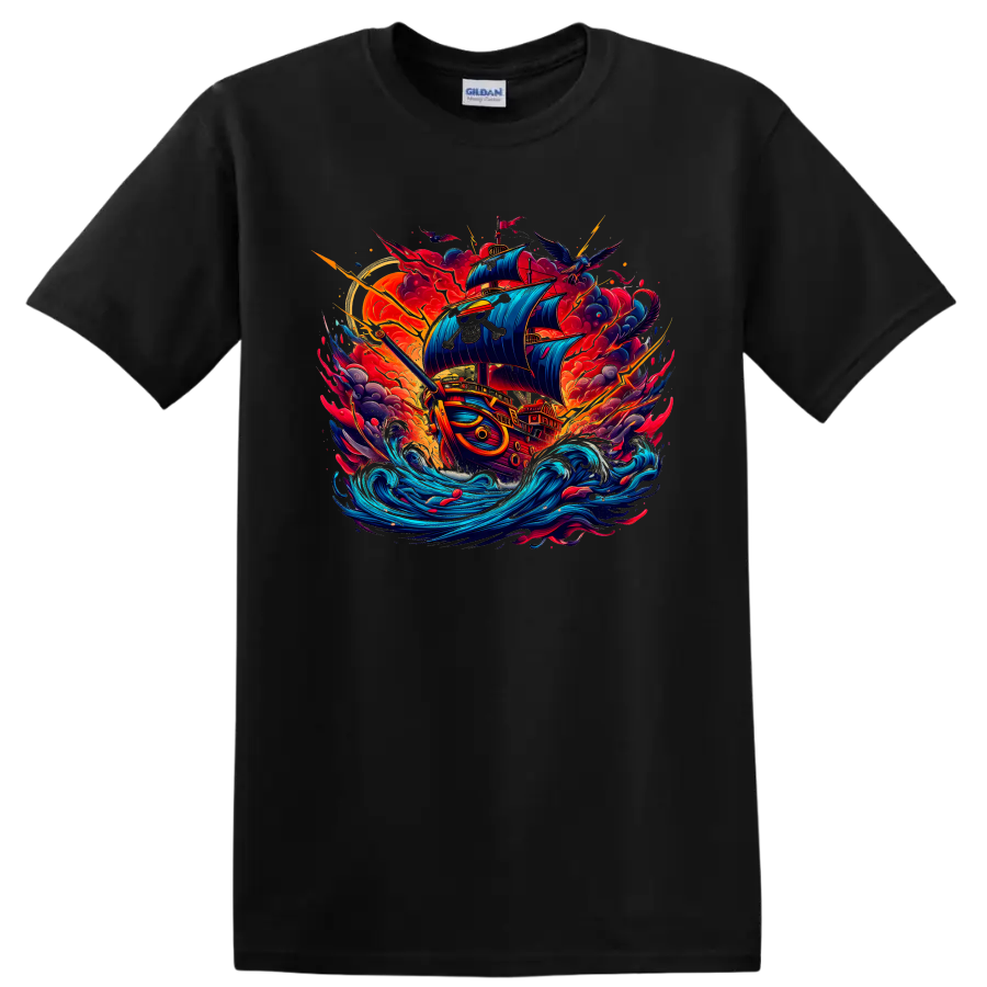 Thousand Sunny pirate ship in dynamic anime-style ocean storm artwork on a Black T Shirt