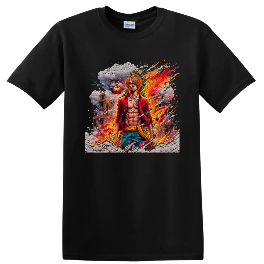 Sanji anime character in fiery action graphic with smoke and detailed scenery on a Black T Shirt