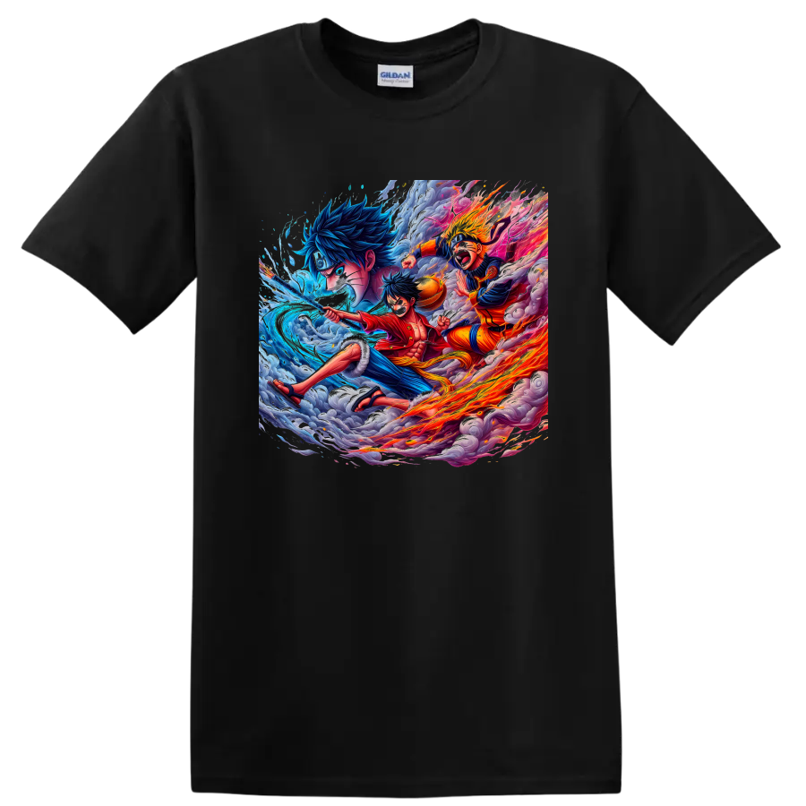 Monkey D. Luffy and Naruto Uzumaki anime action art with water, fire, and storm clouds on a Black T Shirt