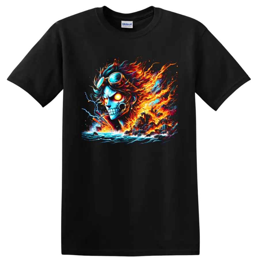 Sabo-inspired anime skull with goggles, flames, lightning, ocean waves, and fantasy city on a Black T Shirt