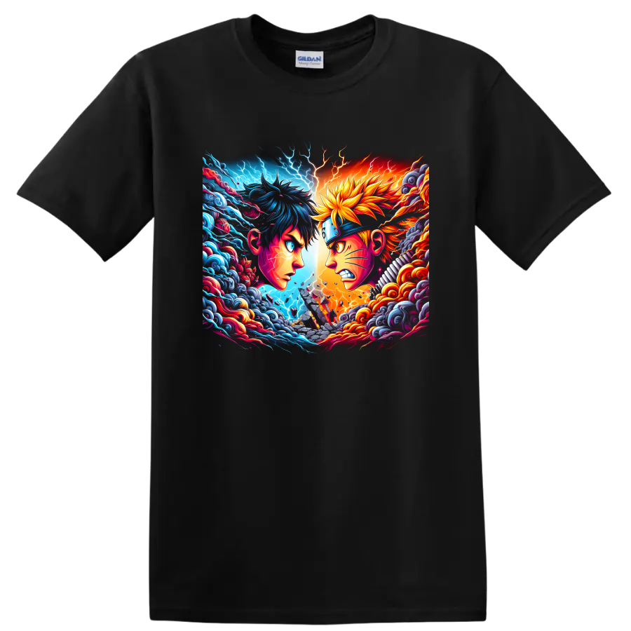Naruto Uzumaki and Sasuke Uchiha anime rivalry art with lightning, waves, and flames on a Black T Shirt