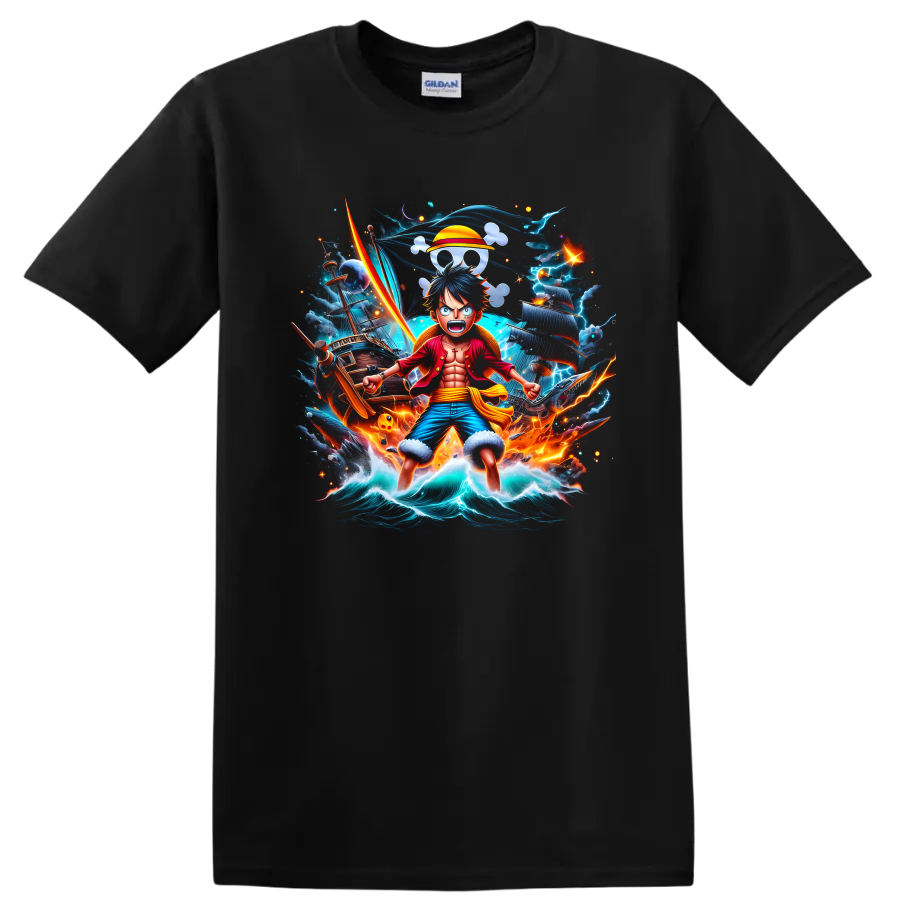 Monkey D. Luffy anime pirate graphic with ship, storm waves, lightning, and straw hat on a Black T Shirt