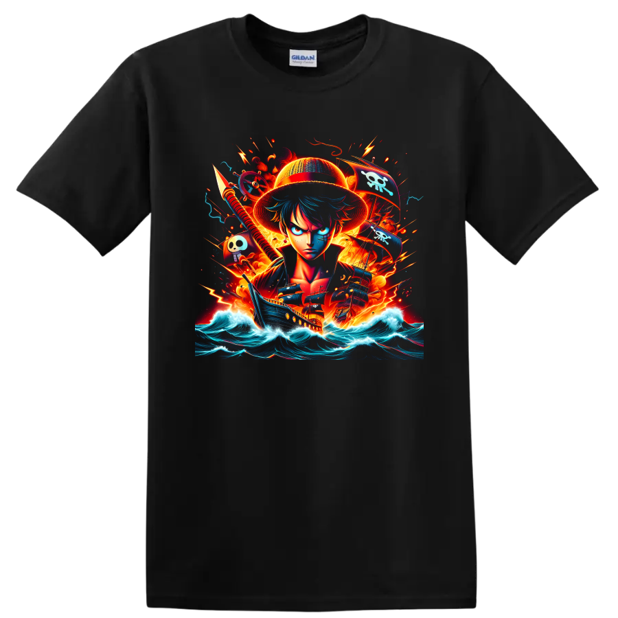 Monkey D. Luffy pirate action art with ship, skull flags, fire, and ocean waves on a Black T Shirt