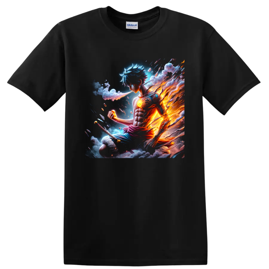 Monkey D. Luffy Gear 5 in a fiery blue and orange anime action illustration on a Black T Shirt