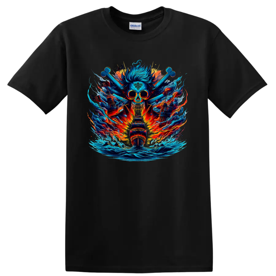 One Piece-inspired blue skull pirate ship with fiery waves in anime fantasy art on a Black T Shirt