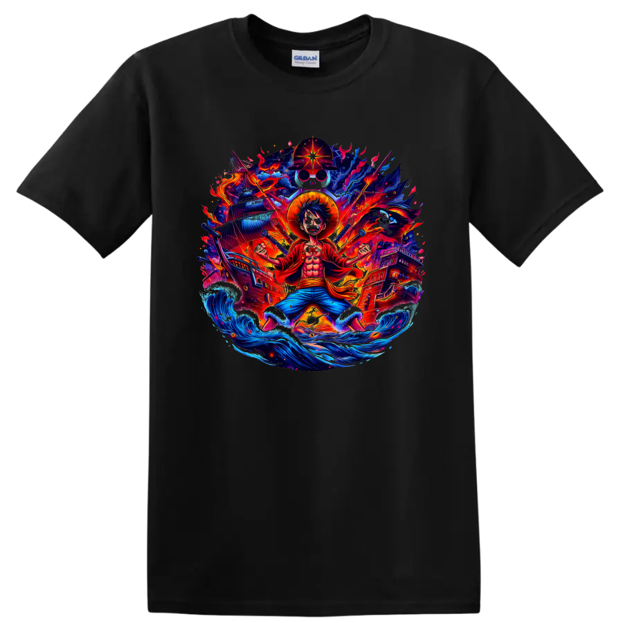 Monkey D. Luffy anime pirate graphic with ships, fiery energy, and ocean waves on a Black T Shirt