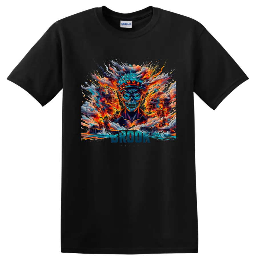 Brook skull character in fiery city anime art with BROOK text on a Black T Shirt