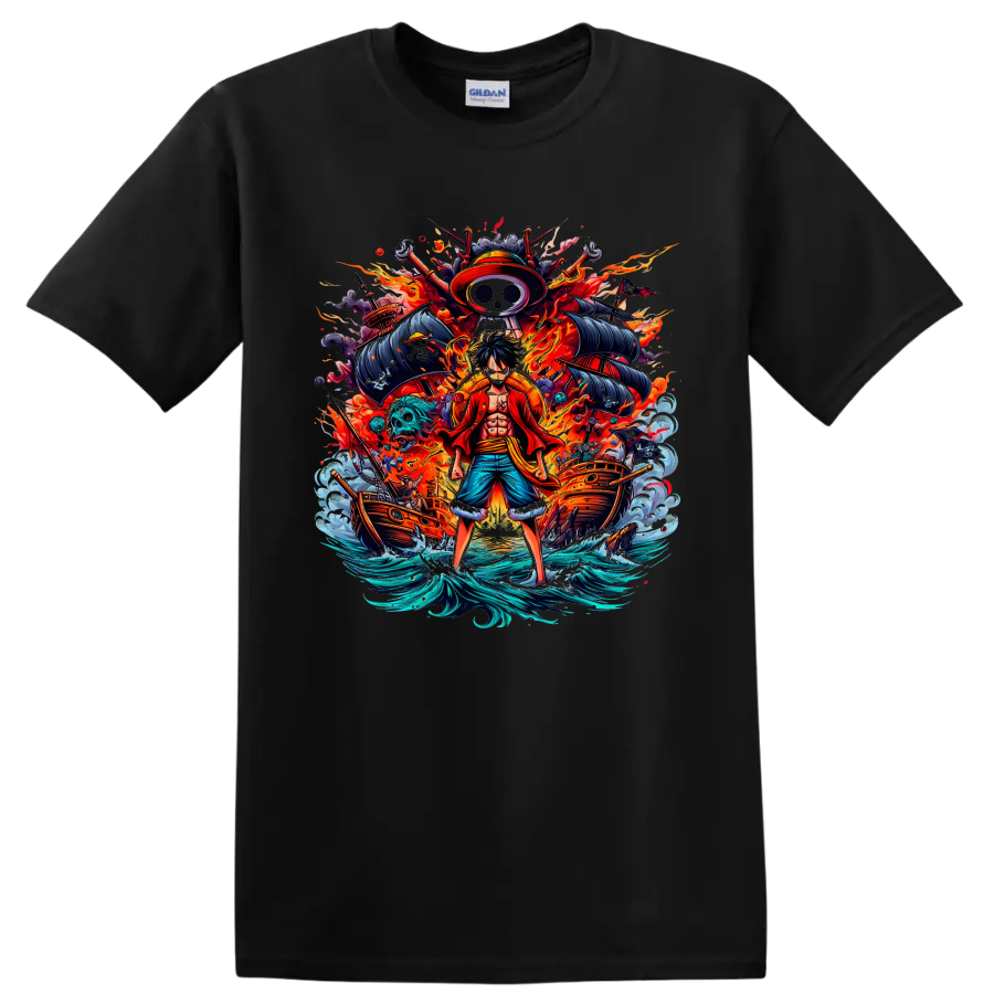 Monkey D. Luffy One Piece anime pirate graphic with ships, flames, and waves on a Black T Shirt