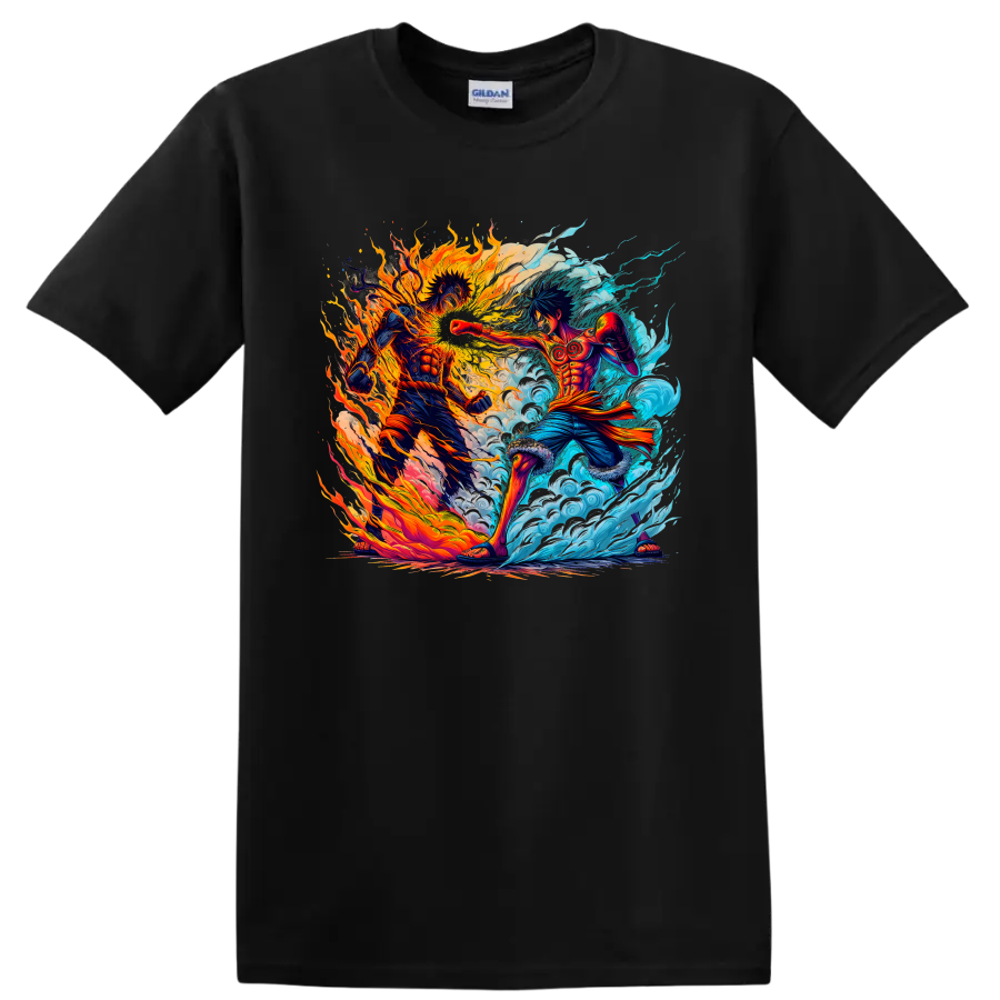 Monkey D. Luffy and Portgas D. Ace fire and water anime battle graphic on a Black T Shirt