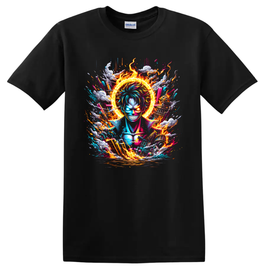 Monkey D. Luffy Gear 5 anime graphic with fiery halo, lightning, clouds, and waves on a Black T Shirt