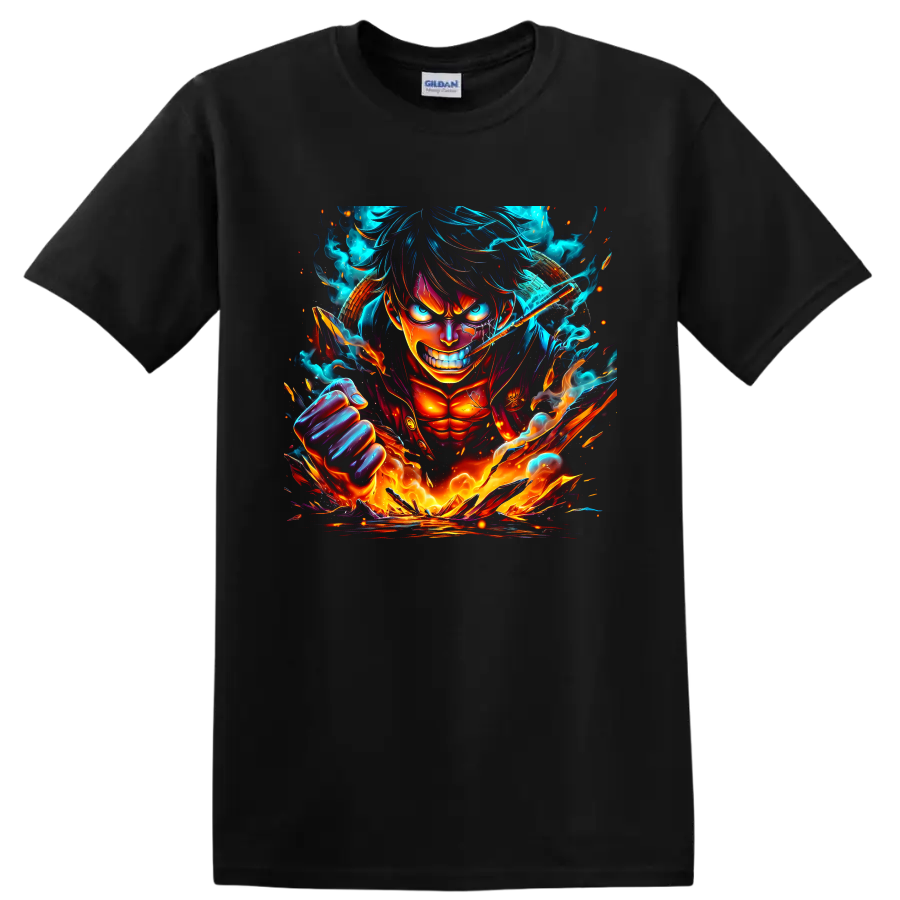 Monkey D. Luffy Bajrang Gun anime battle graphic with fiery energy and a raised fist on a Black T Shirt