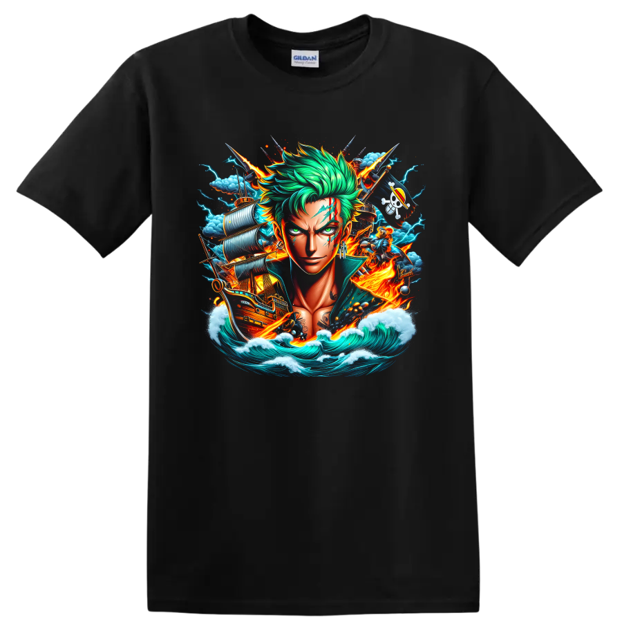 Roronoa Zoro anime portrait with swords, pirate ship, lightning, flames, and ocean waves on a Black T Shirt