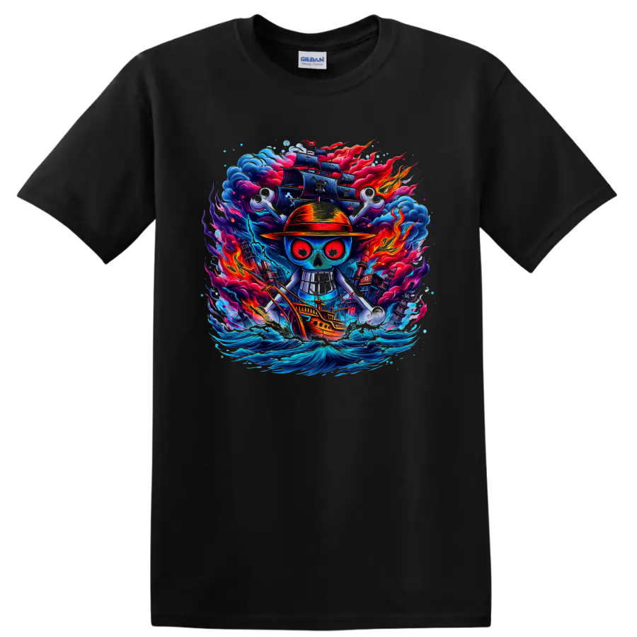 One Piece-inspired straw hat pirate skull with ship, waves, flames, and dark sails on a Black T Shirt
