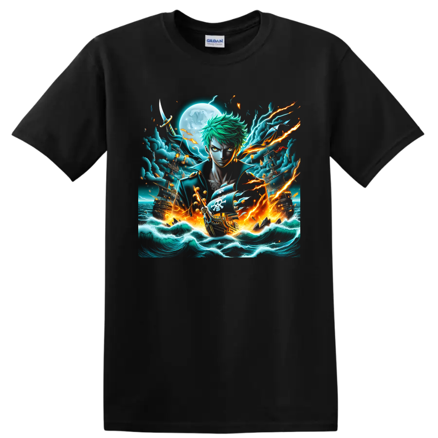 Roronoa Zoro anime art with pirate ships, moonlit waves, sword, and lightning on a Black T Shirt