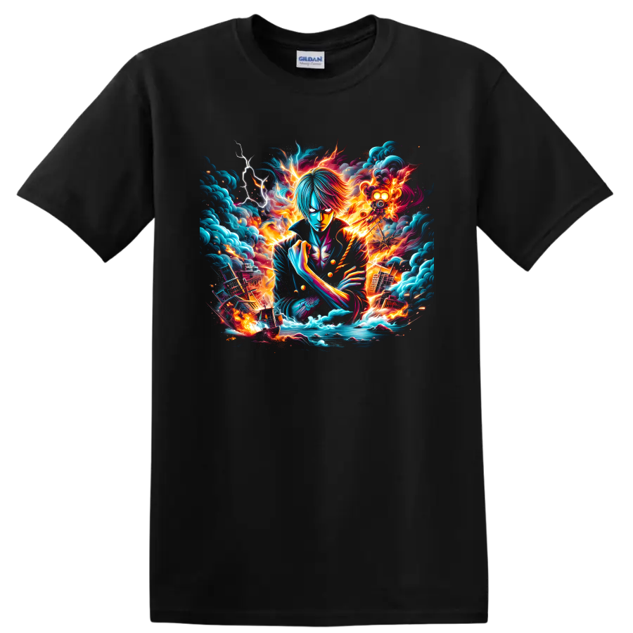 Sanji in fiery storm anime art with lightning, ocean waves, and a pirate ship on a Black T Shirt