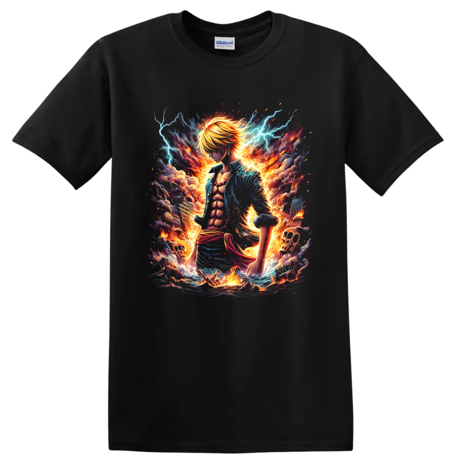 Sanji Diable Jambe anime battle graphic with blazing fire and blue lightning on a Black T Shirt