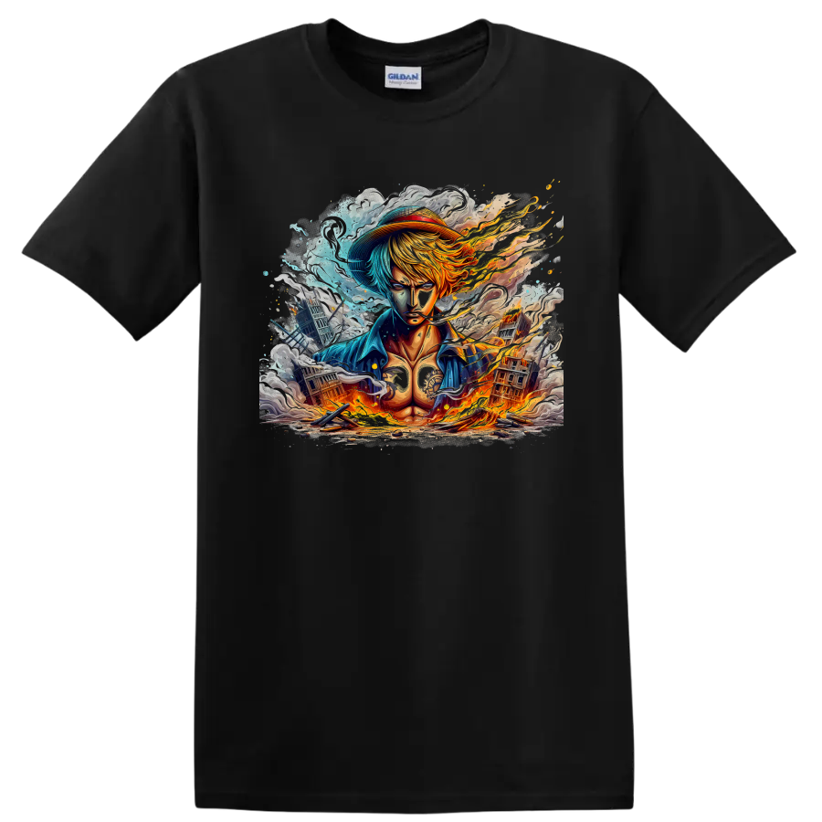 Sanji-inspired anime warrior graphic with flames, blue smoke, and ruined city on a Black T Shirt