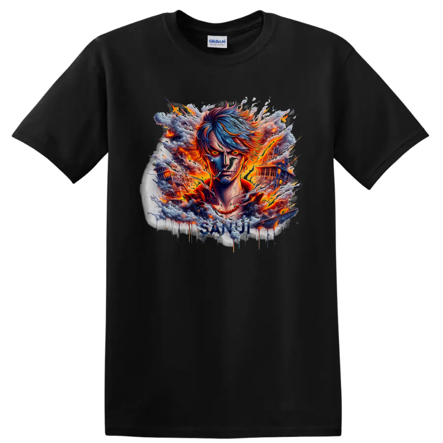Sanji One Piece fiery anime portrait with burning ships and SANJI lettering on a Black T Shirt