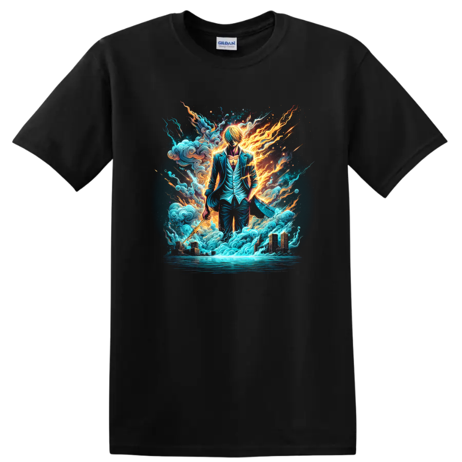 Sanji in a teal suit with fiery energy, ocean waves, and a glowing city on a Black T Shirt