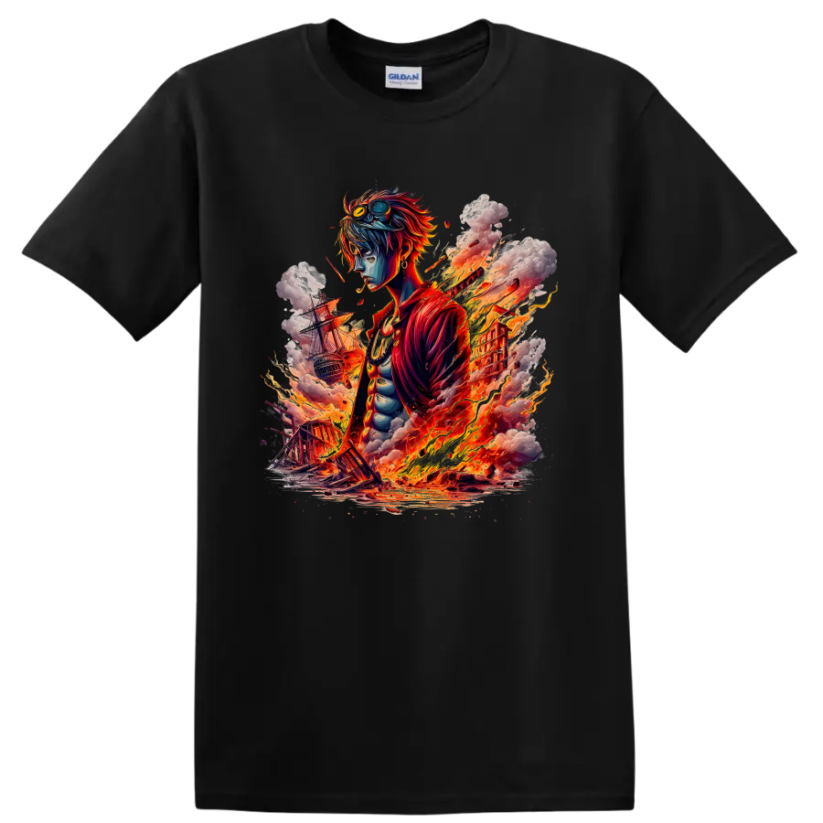 Sabo One Piece anime artwork with fire, smoke, and sailing ships on a Black T Shirt