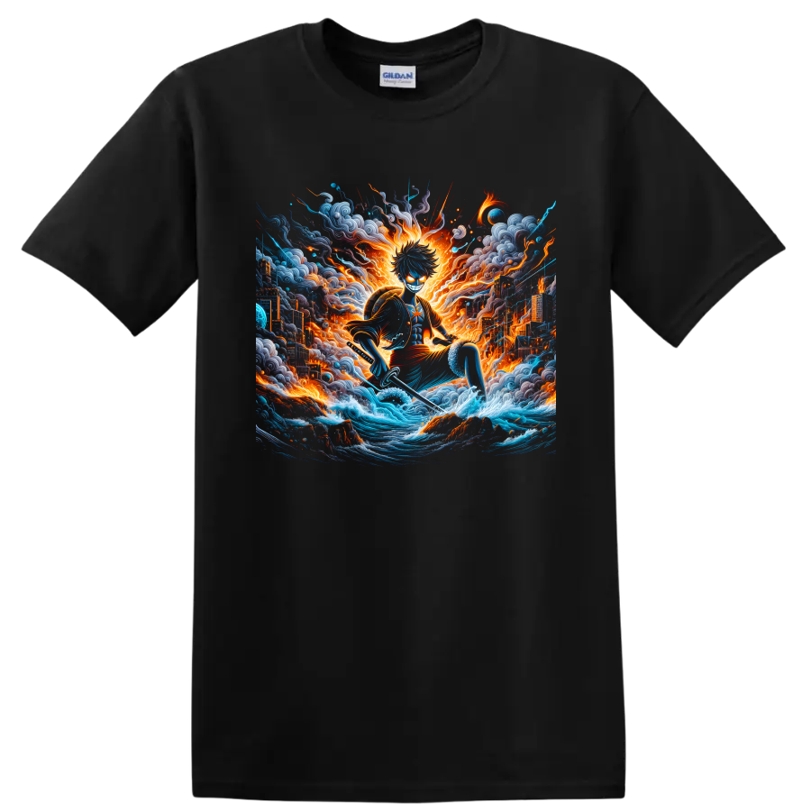 Monkey D. Luffy Gear 5 anime action art with ocean waves, fire, and storm clouds on a Black T Shirt