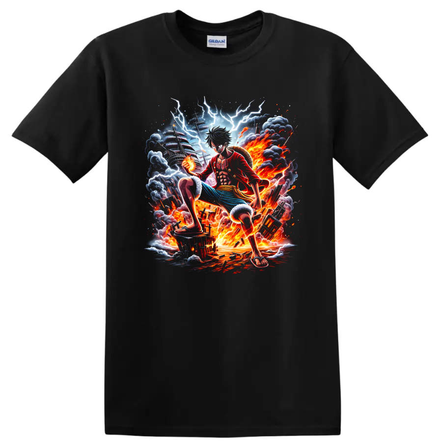 Monkey D. Luffy Gear 5 anime battle graphic with lightning, fire, and pirate ship on a Black T Shirt