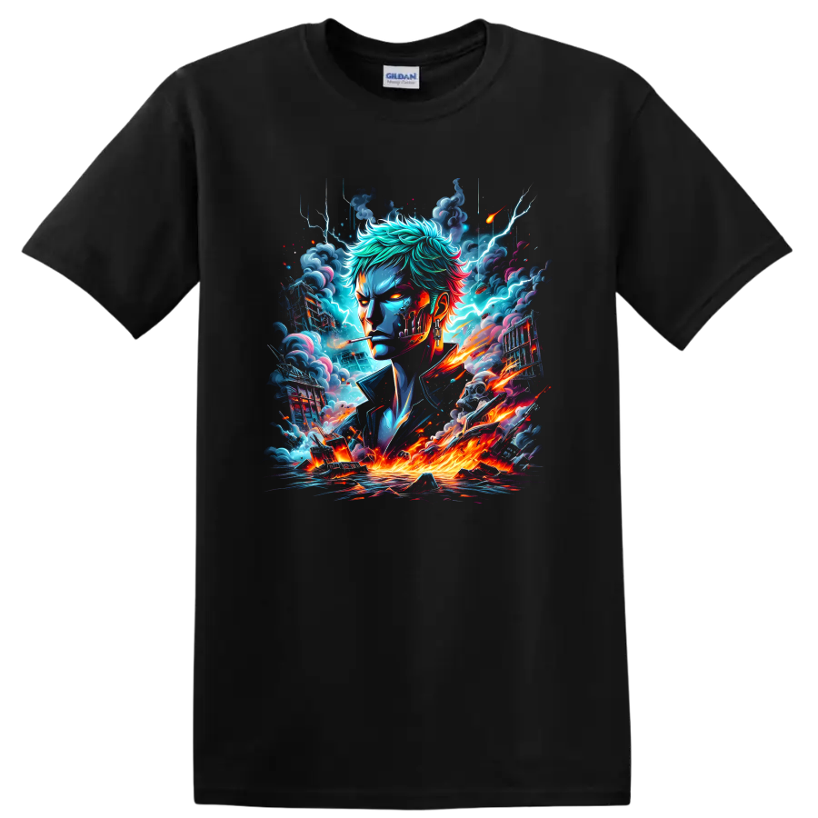 Roronoa Zoro anime swordsman portrait with lightning, storm clouds, and fiery energy on a Black T Shirt