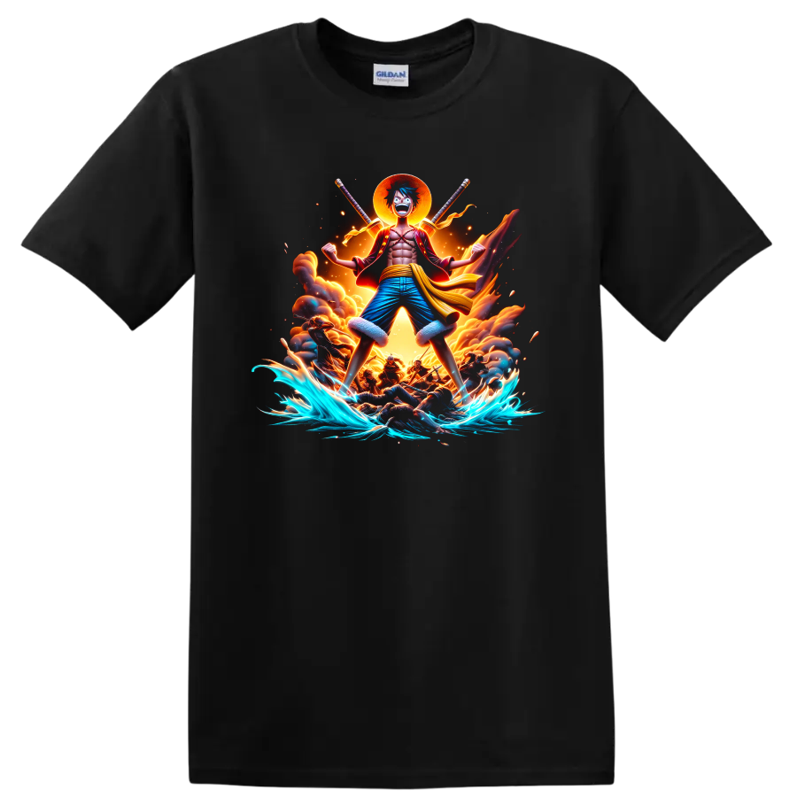 Monkey D. Luffy Gear 5-inspired anime ocean battle graphic with fire and waves on a Black T Shirt