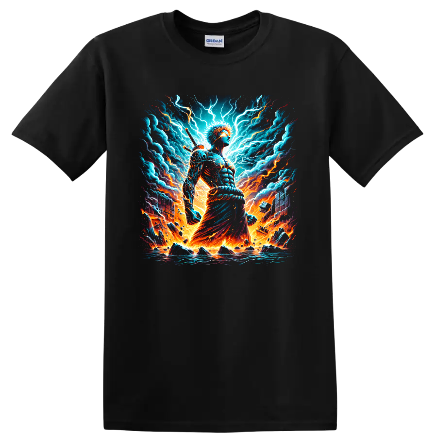 Ichigo Kurosaki in electric lightning and fire anime sword warrior graphic on a Black T Shirt
