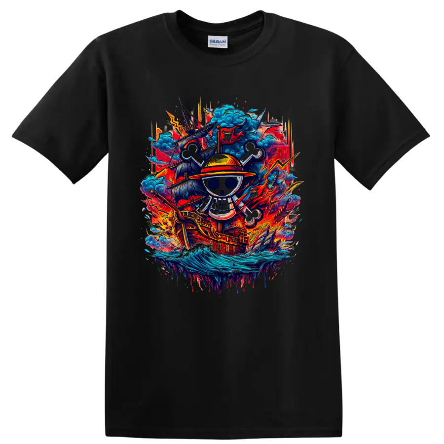 Monkey D. Luffy One Piece straw-hat skull and pirate ship anime graphic on a Black T Shirt