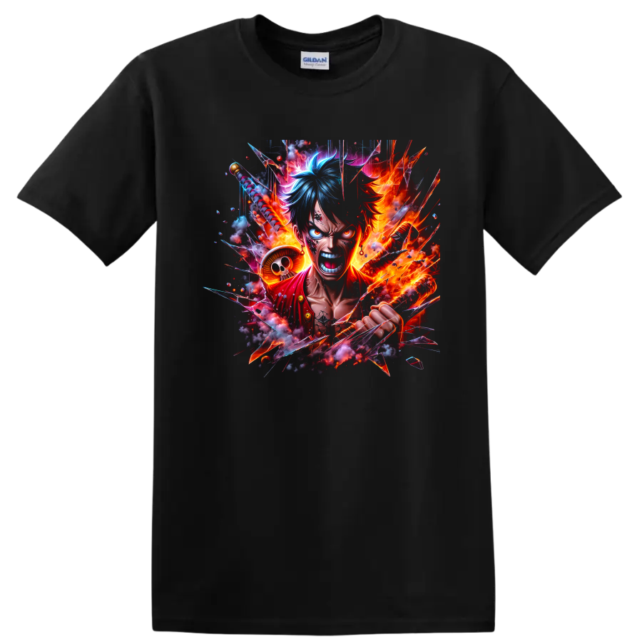 Monkey D. Luffy fiery anime battle graphic with flames, straw hat, and shattered glass on a Black T Shirt
