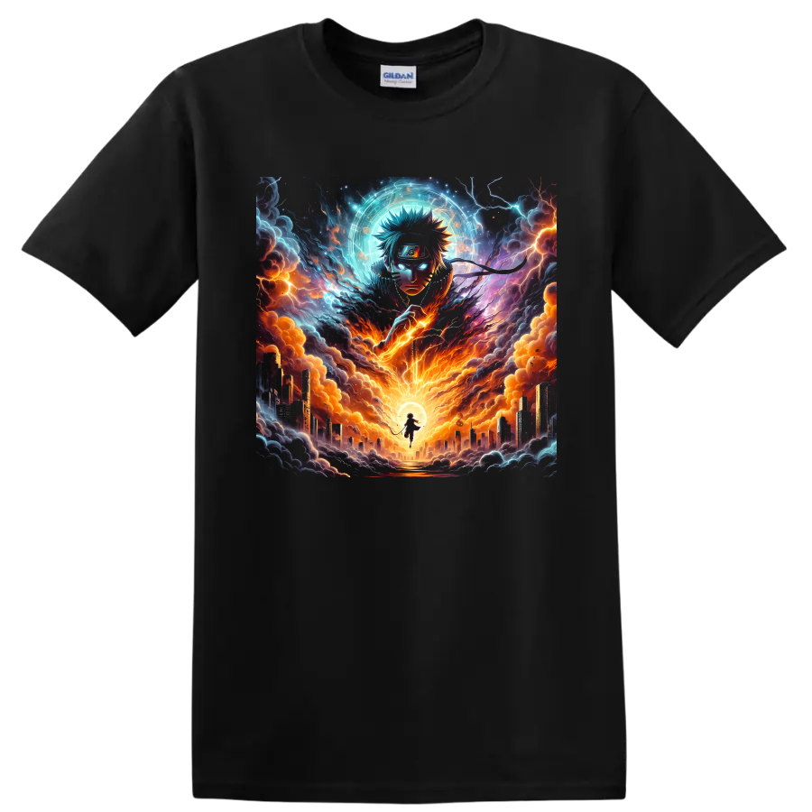 Naruto Uzumaki anime art with lightning, fiery storm clouds, glowing aura, and city on a Black T Shirt