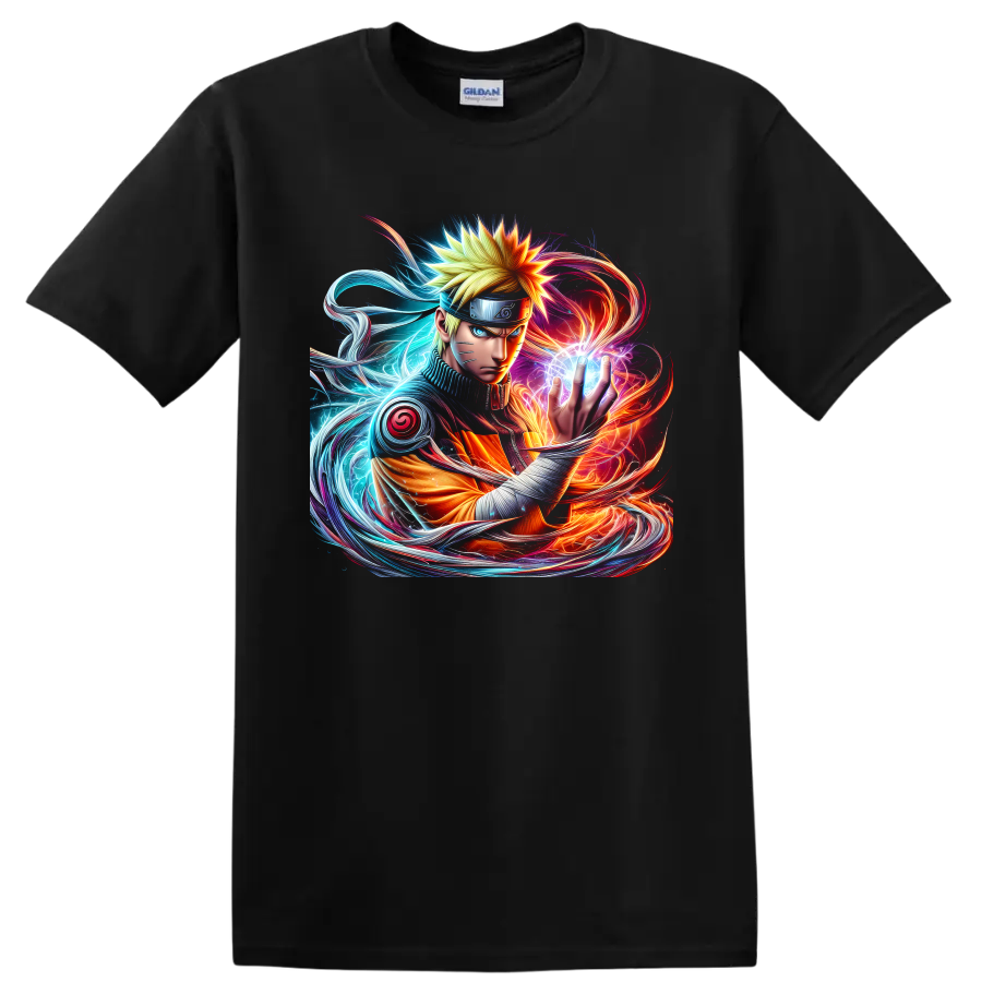 Naruto Uzumaki forming a glowing Rasengan in fiery and blue anime energy art on a Black T Shirt