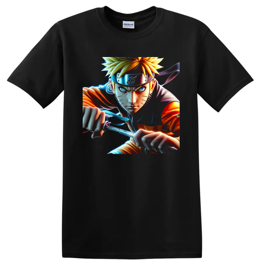 Naruto Uzumaki charging with a glowing Rasengan in vivid anime action art on a Black T Shirt