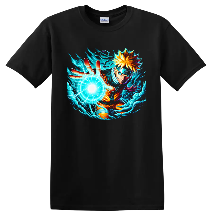 Naruto Uzumaki Sage Mode anime art reaching with a glowing energy orb and swirling waves on a Black T Shirt