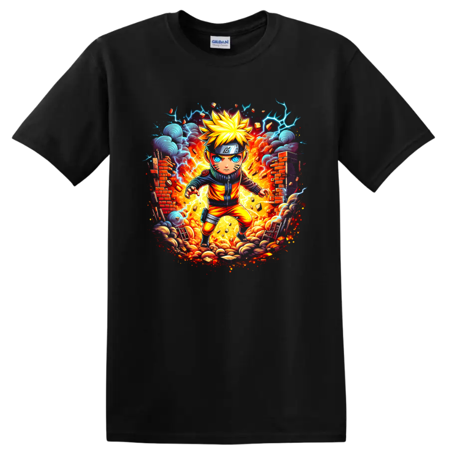 Chibi Naruto Uzumaki ninja with fireburst, lightning, storm clouds, and broken walls on a Black T Shirt