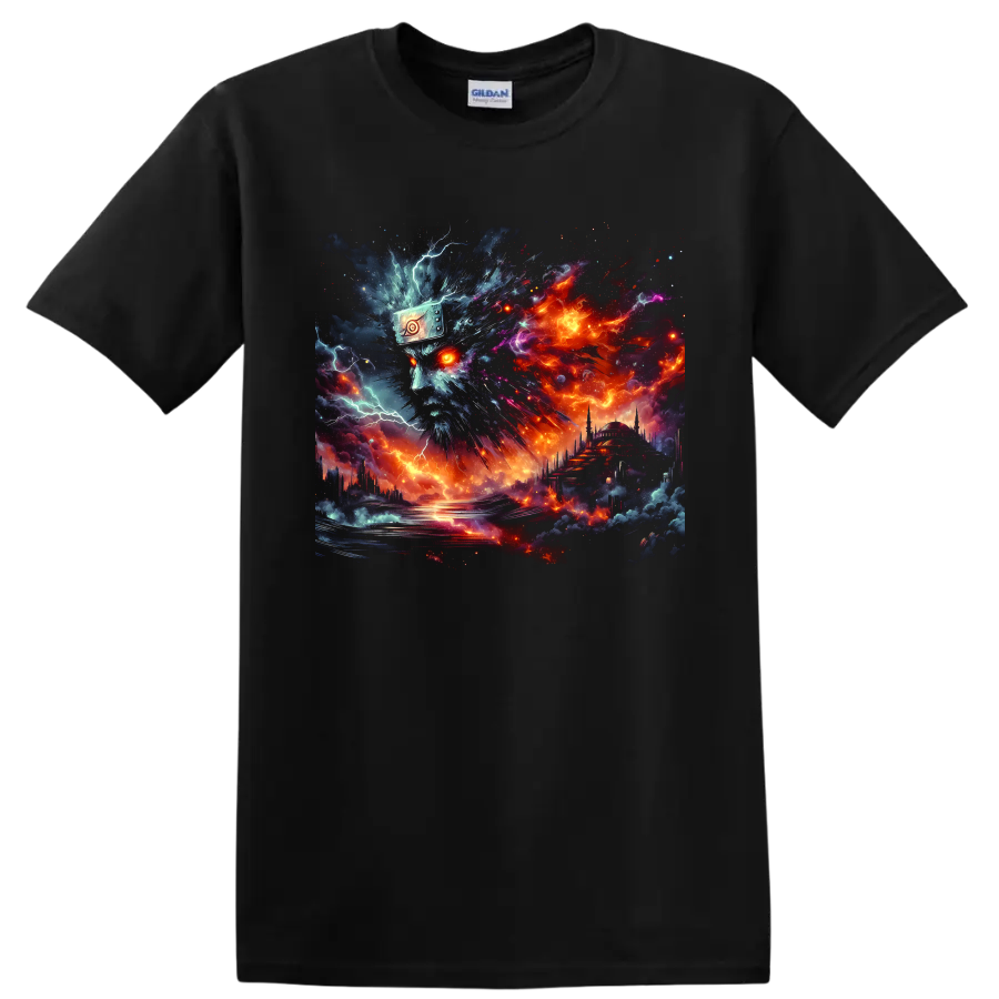 Naruto Uzumaki cybernetic ninja portrait with fiery cosmic storm artwork on a Black T Shirt