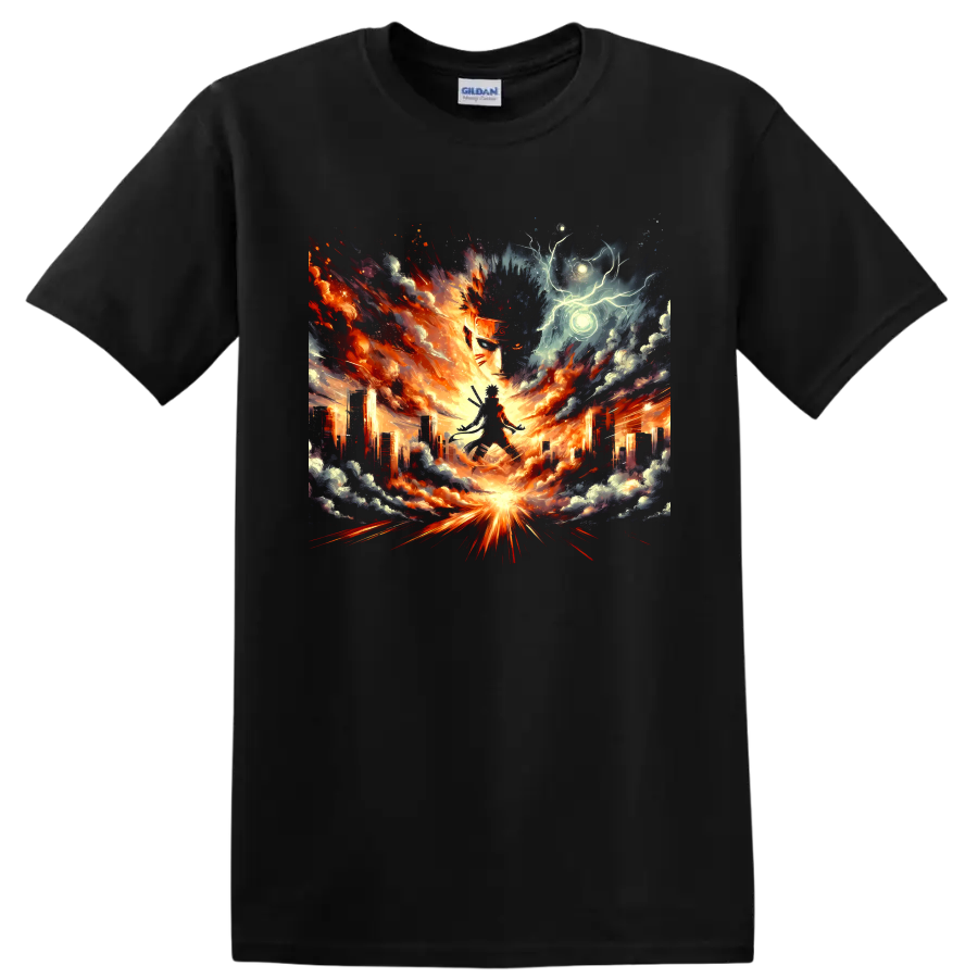 Naruto Uzumaki fiery city battle graphic with storm clouds and glowing energy on a Black T Shirt