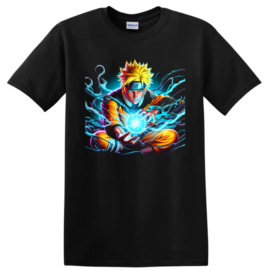 Naruto Uzumaki forming a glowing Rasengan in neon electric anime art on a Black T Shirt