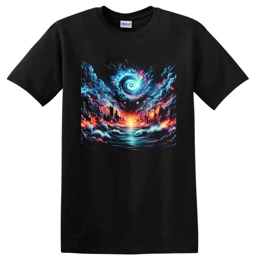 Surreal anime-style glowing spiral eye over a burning futuristic city and waves on a Black T Shirt
