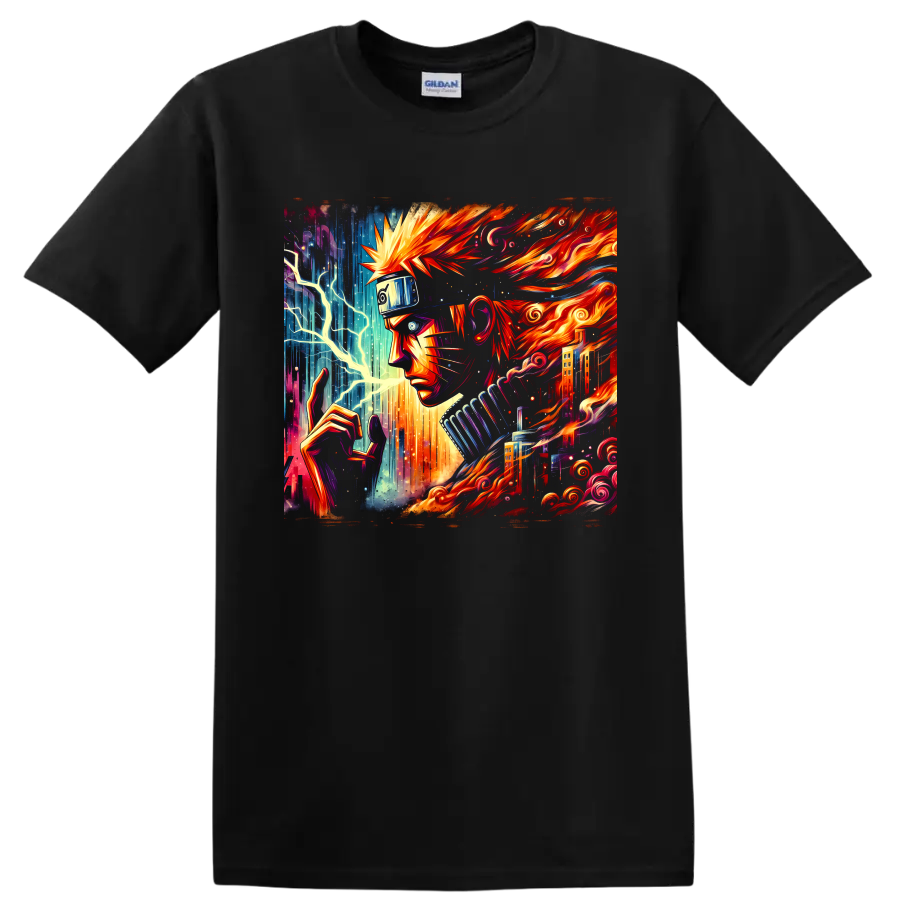 Naruto Uzumaki fiery ninja portrait with lightning, neon city details, and swirling flames on a Black T Shirt